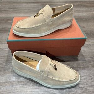 Loro Piana Summer Walk Charm Suede Loafers in Sandstone